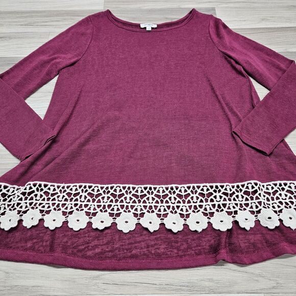 Umgee Womens Maroon Longsleeve Shirt Crochet Trim Small - Picture 2 of 6